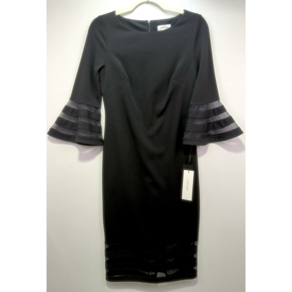 Calvin Klein NWT Black Illusion Mesh Bell Sleeve Stretch Crepe Sheath Dress Sz 4